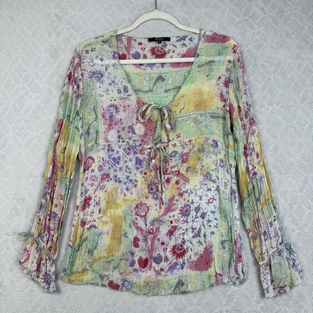 Vtg Y2K Belissimo Babydoll Top Womens M Floral Pastel Semi Sheer Fairy Coquette